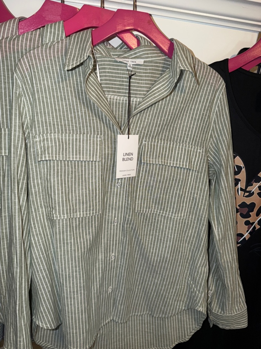 Olive Green & White Striped Linen-Blend Button Shirt